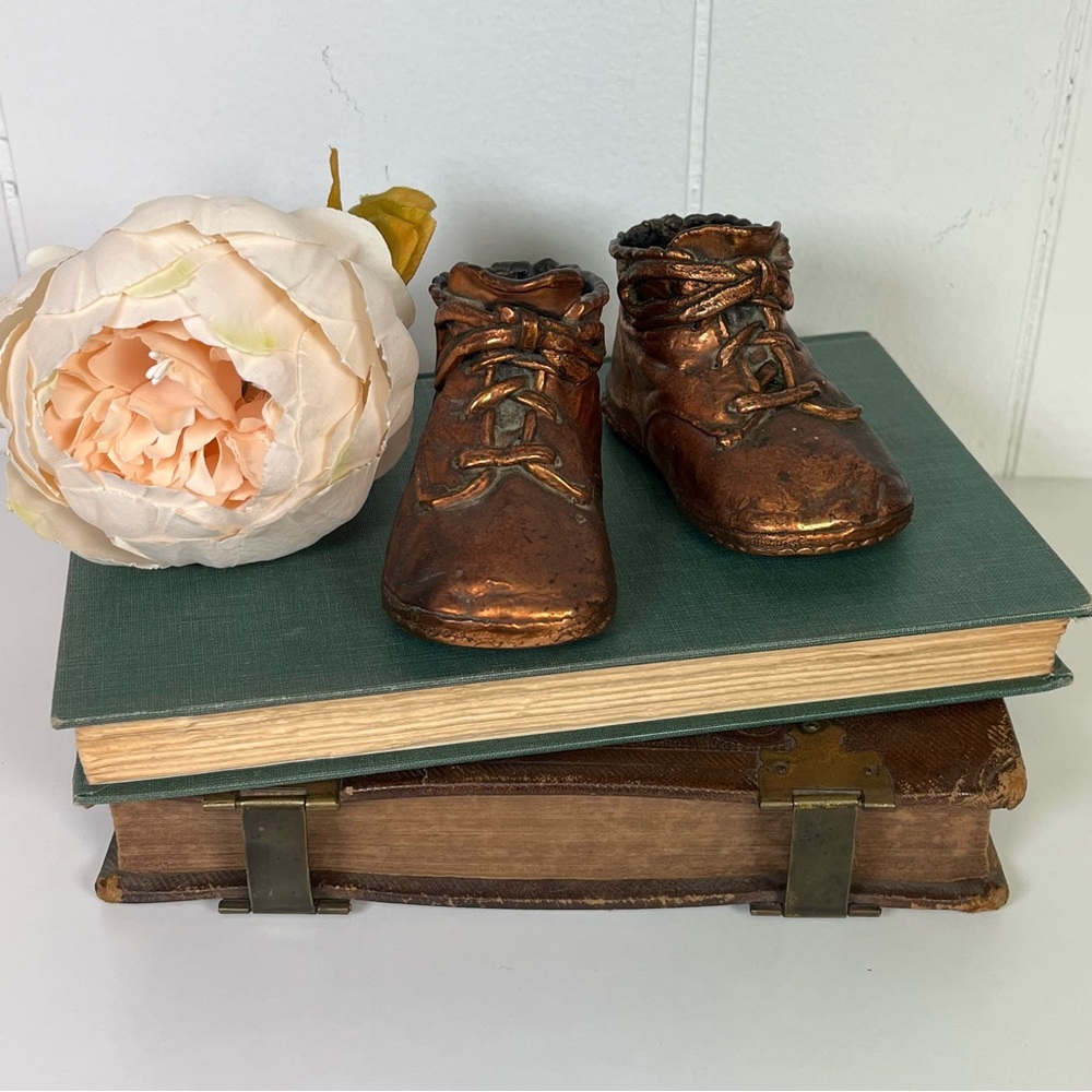 Vintage MCM Bronzed Copper Baby Shoes Pair Nursery Decor Baby Room Decor